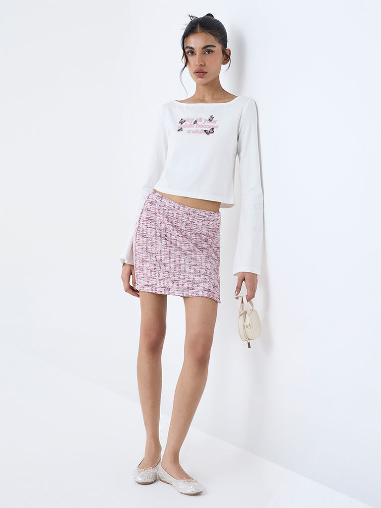 Nuon White Text Pattern Cotton-Blend T-Shirt