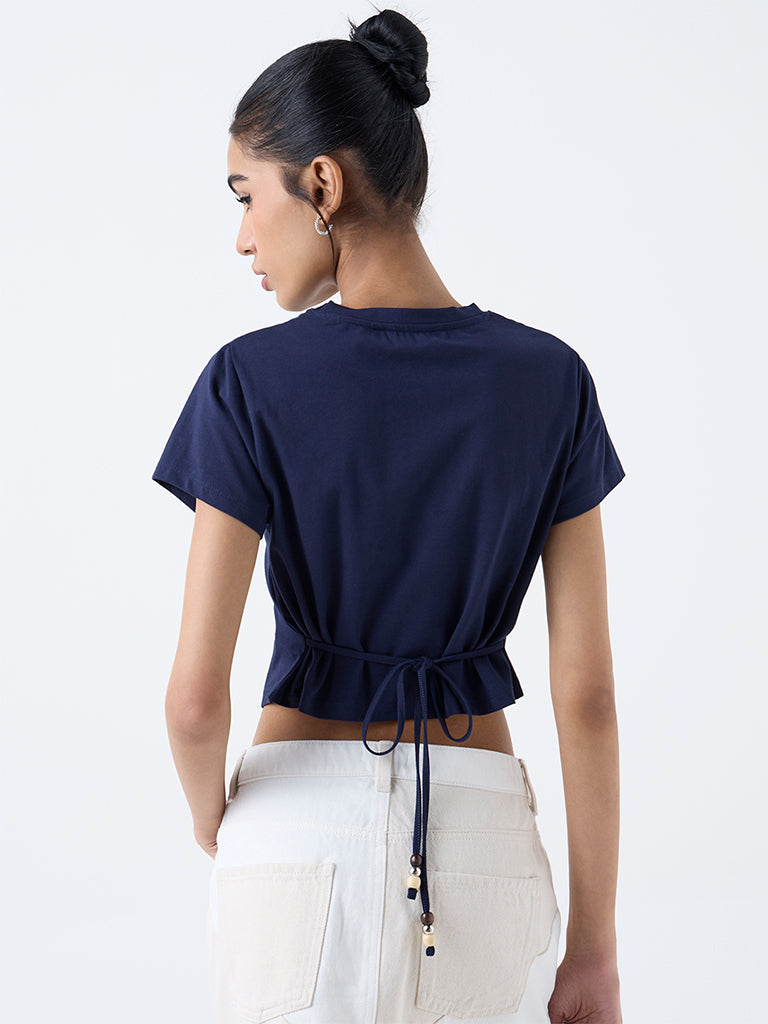 Nuon Navy Text-Design Cotton-Blend T-Shirt