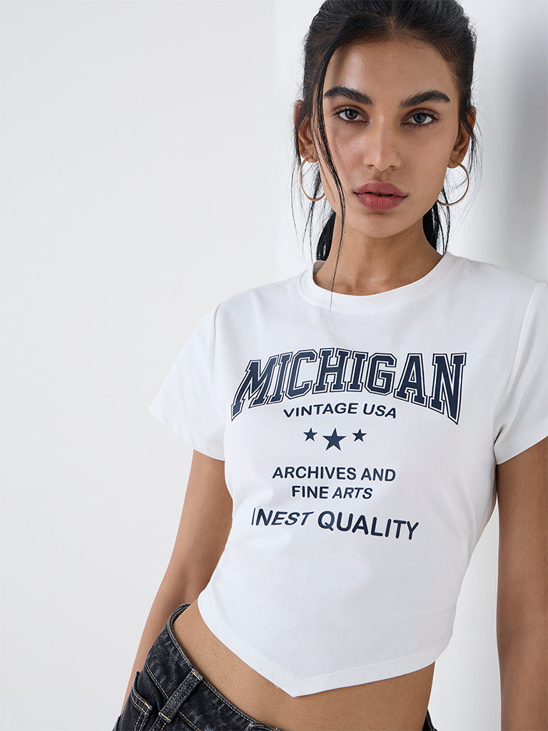 Nuon White Text Pattern Cotton-Blend T-Shirt
