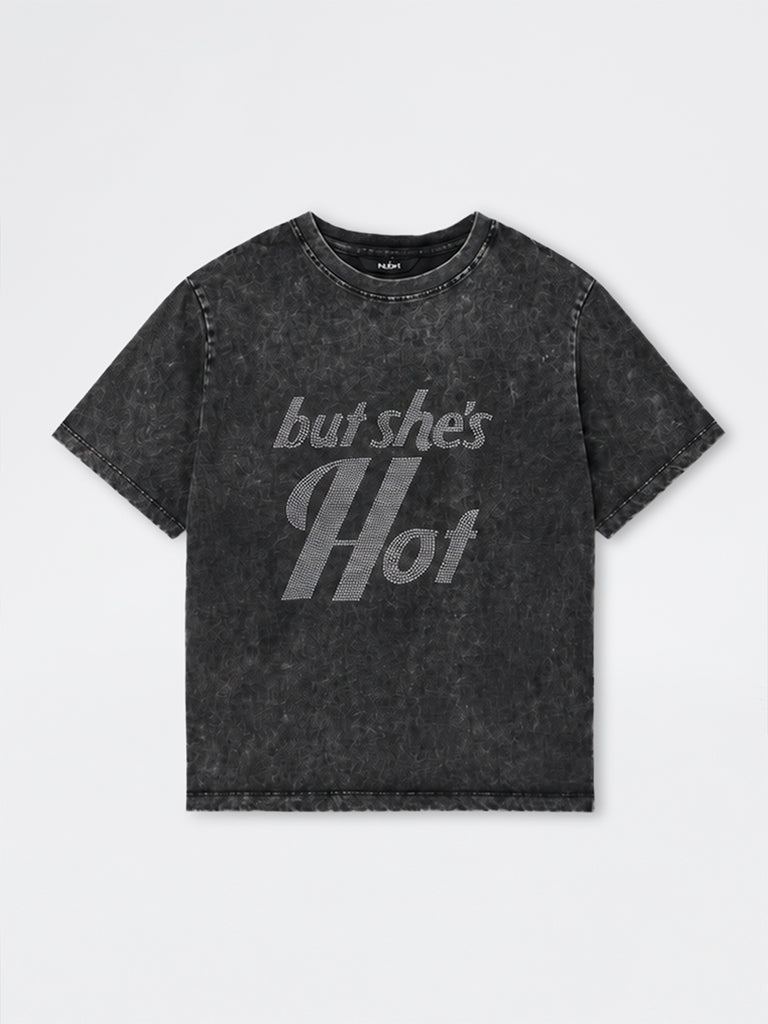 Nuon Grey Washed Text-Embellished Cotton T-Shirt