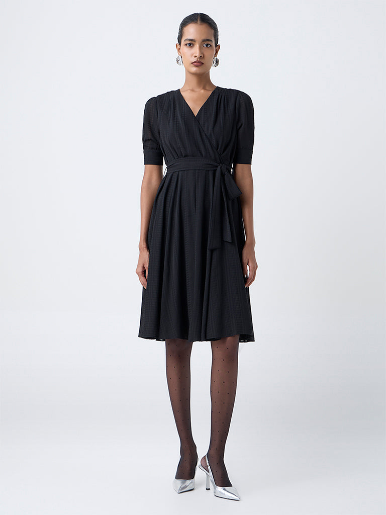Wardrobe Black Solid Wrap-Style Dress with Belt