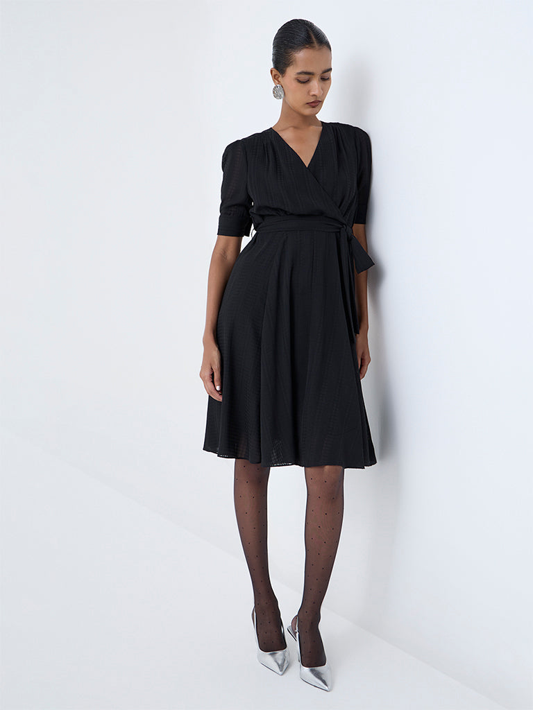 Wardrobe Black Solid Wrap-Style Dress with Belt