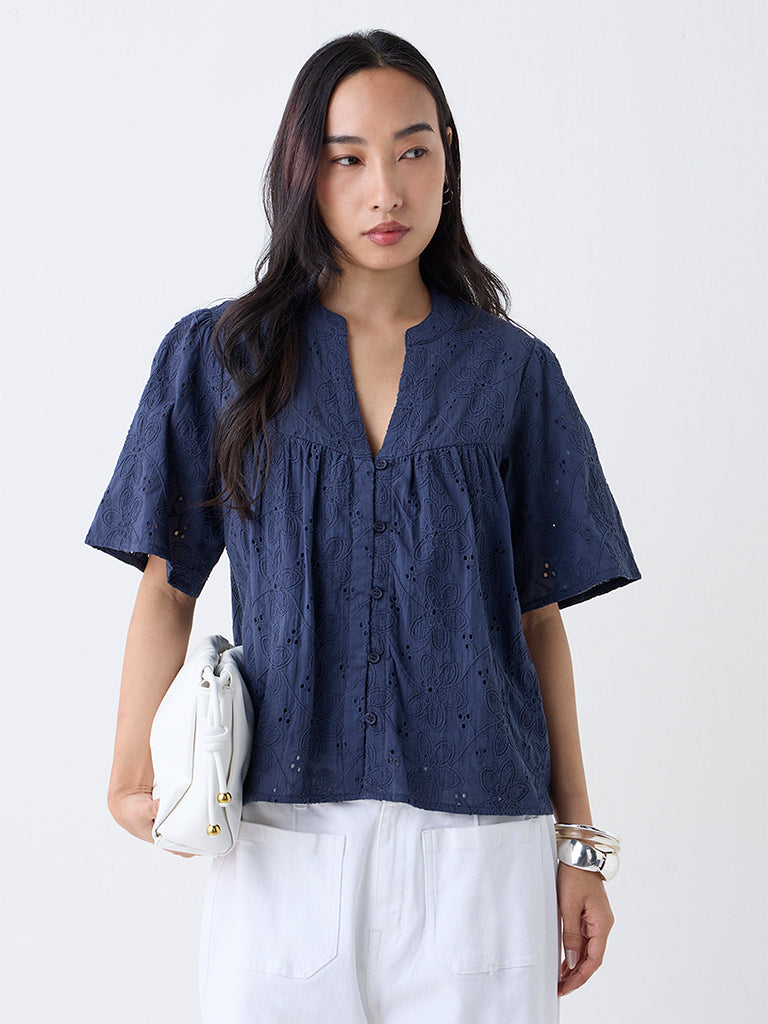 LOV Navy Schiffli Embroidered Cotton-Blend Top
