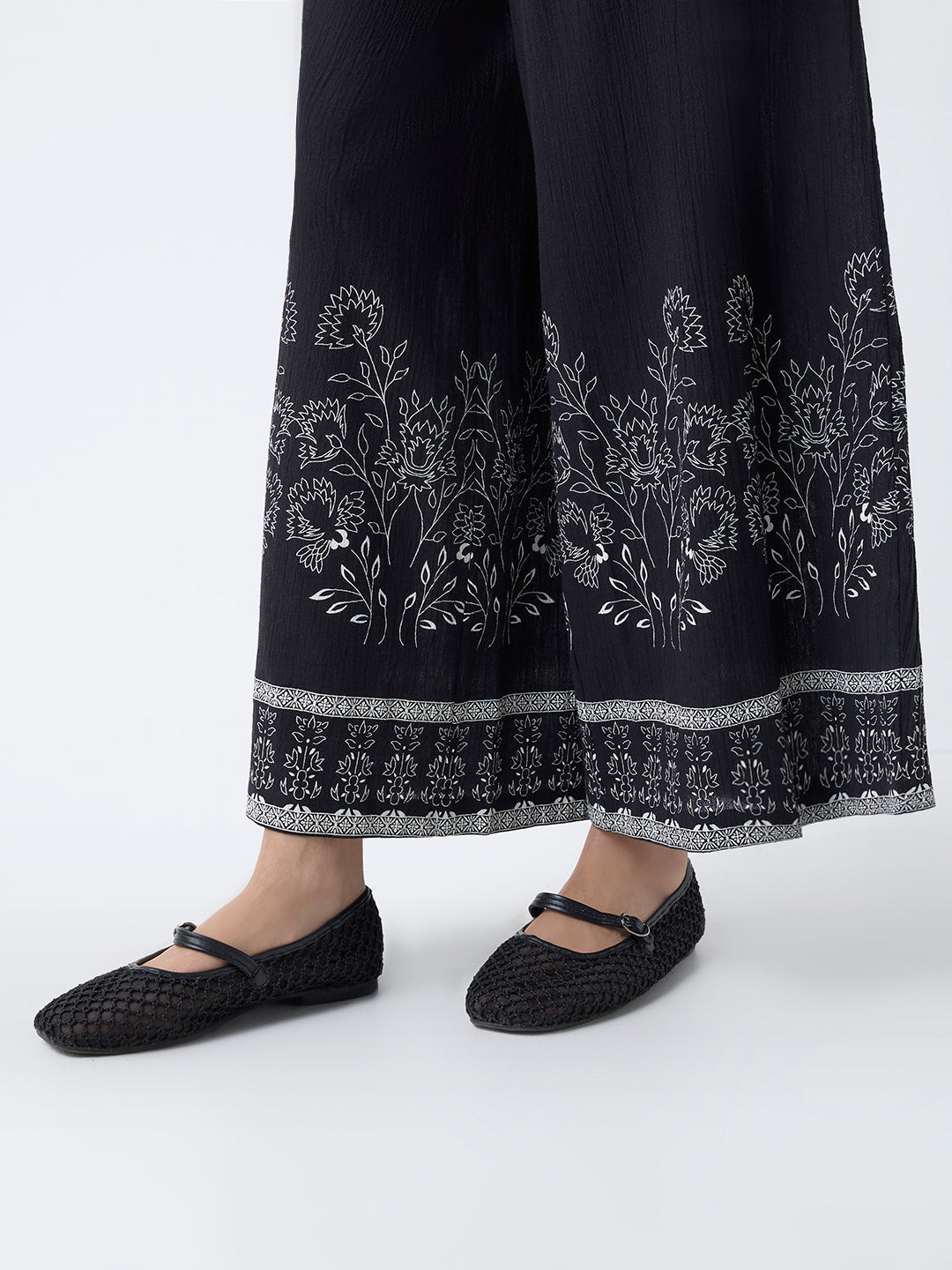 Bombay Paisley Black Floral Design Cotton Palazzos