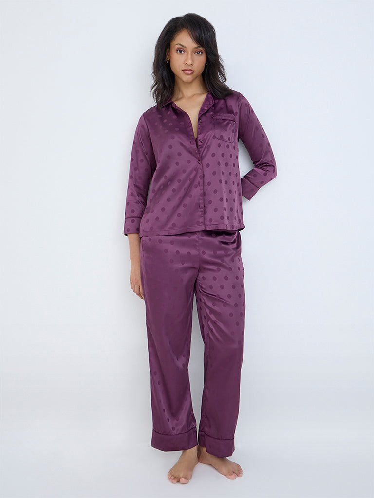 Wunderlove Plum Polka Dotted Satin Shirt with Pyjamas Set