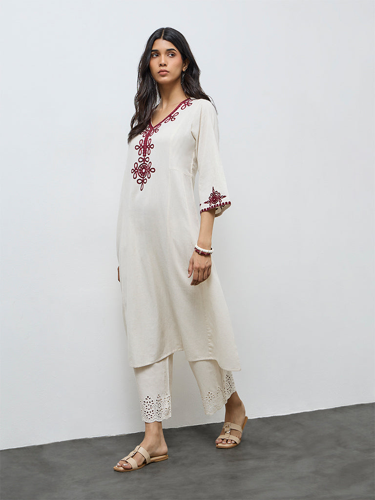 Utsa Light Beige Embroidered Cotton-Blend A-Line Kurta