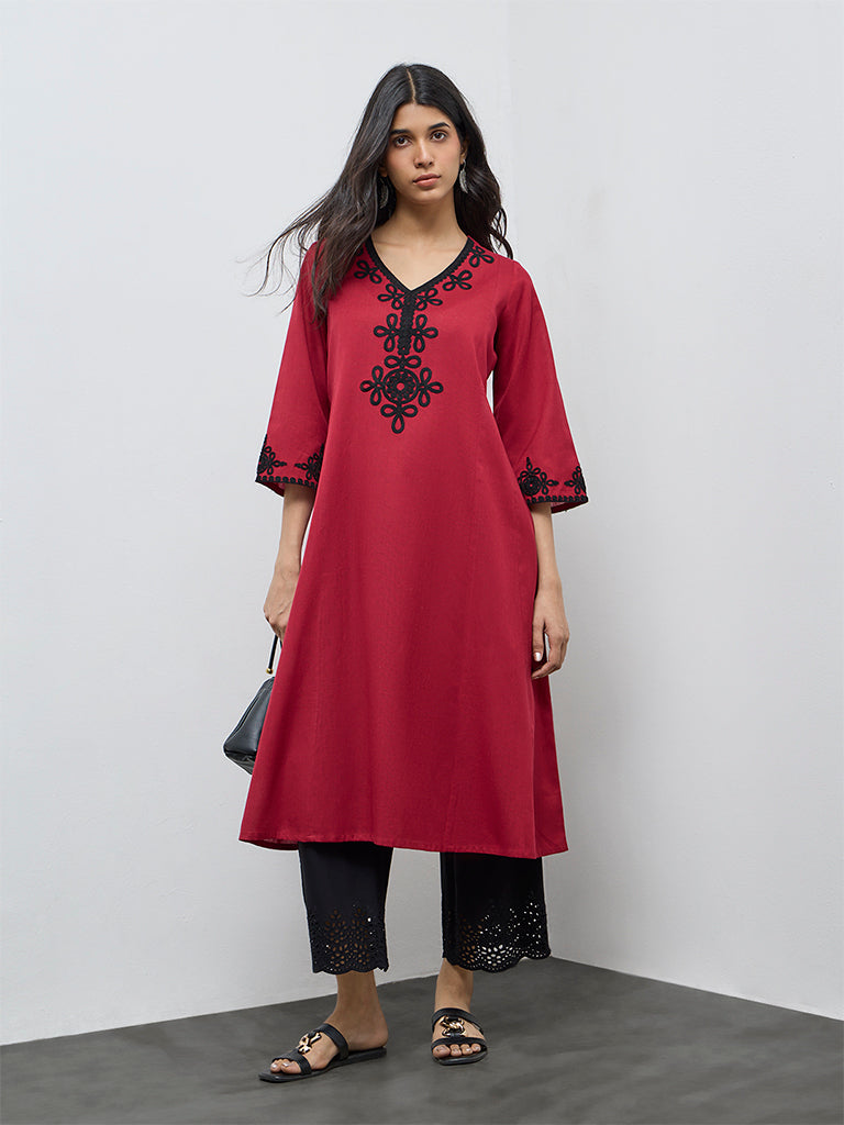 Utsa Red Embroidered Cotton-Blend A-Line Kurta