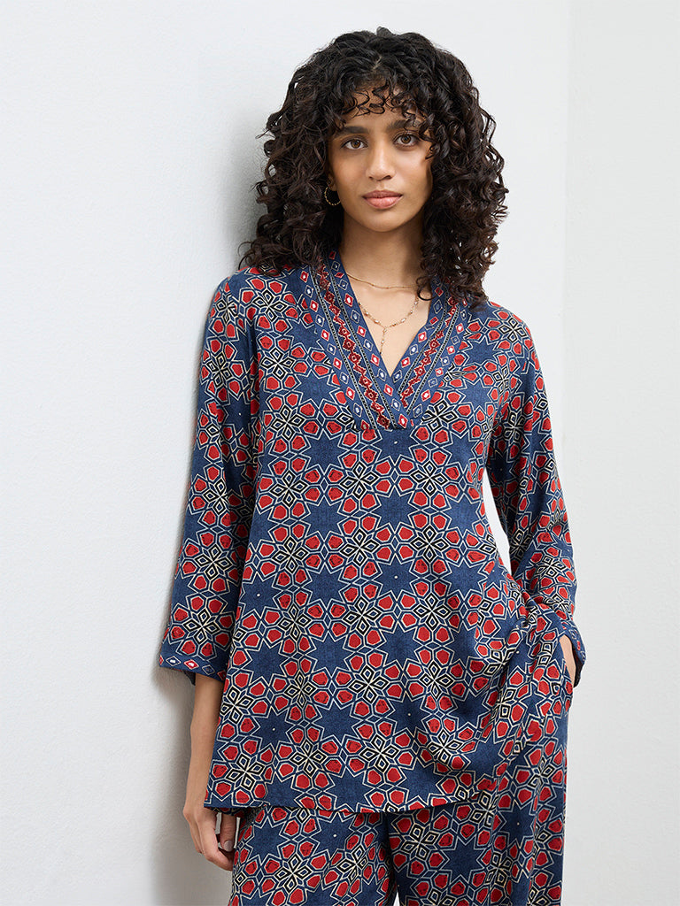 Utsa Indigo Geometric Printed Cotton Tunic