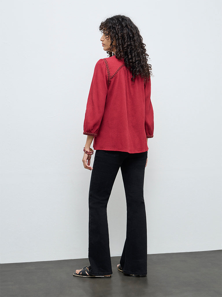 Utsa Red Crinkle Textured Embroidered Cotton Tunic