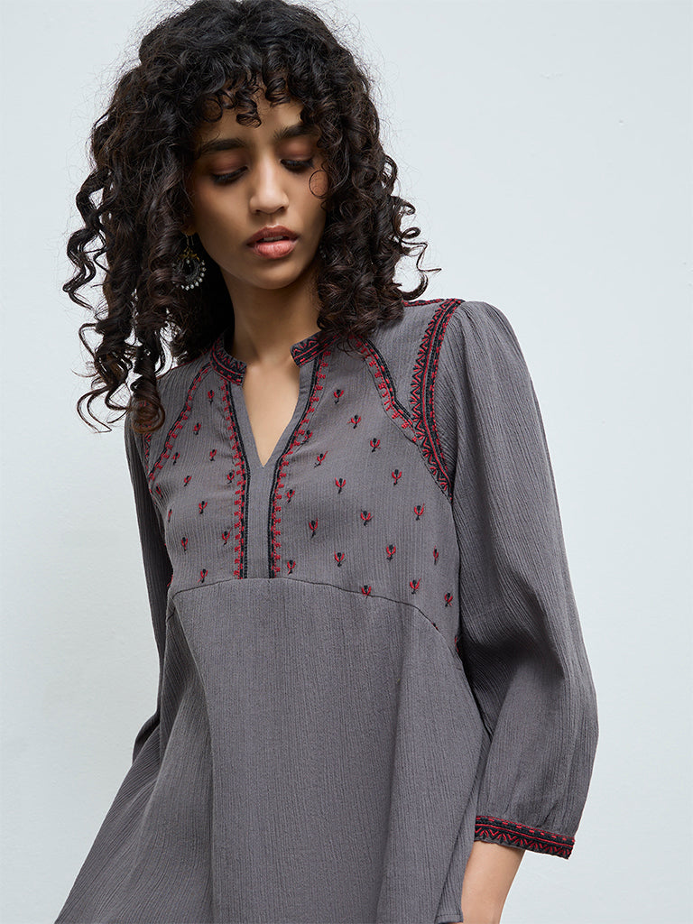 Utsa Grey Crinkle Textured Embroidered Cotton Tunic