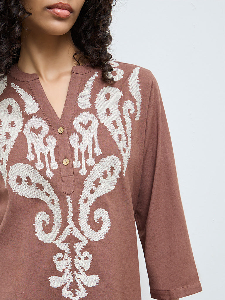 Utsa Brown Embroidered Cotton-Blend Tunic