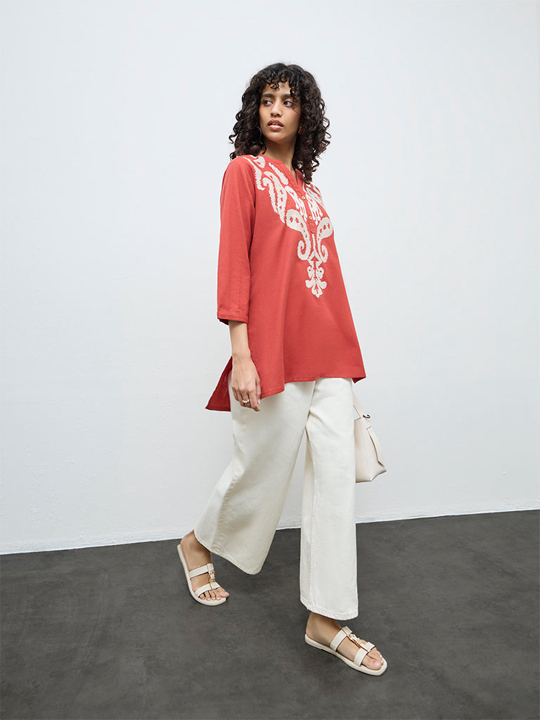 Utsa Red Embroidered Cotton-Blend Tunic