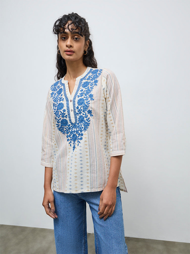 Utsa Cream Floral Embroidered Cotton-Blend Tunic