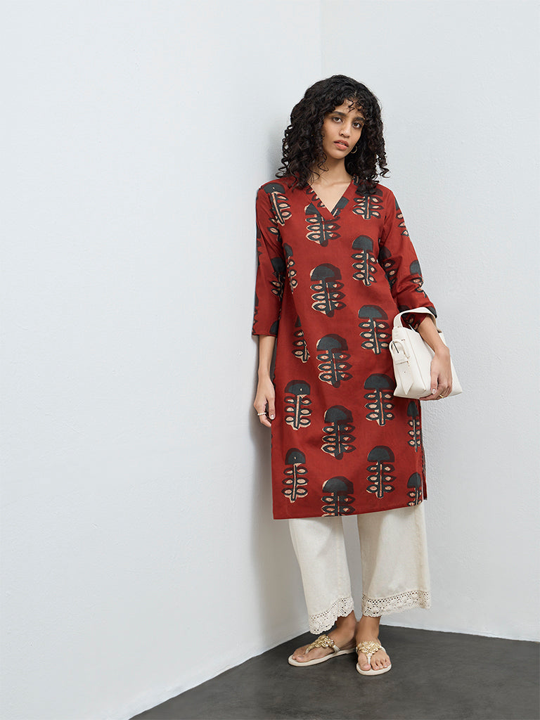 Utsa Rust Foliage Printed Cotton A-Line Kurta