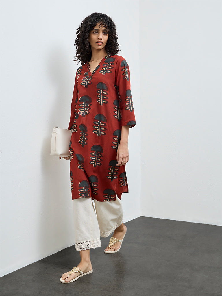 Utsa Rust Foliage Printed Cotton A-Line Kurta