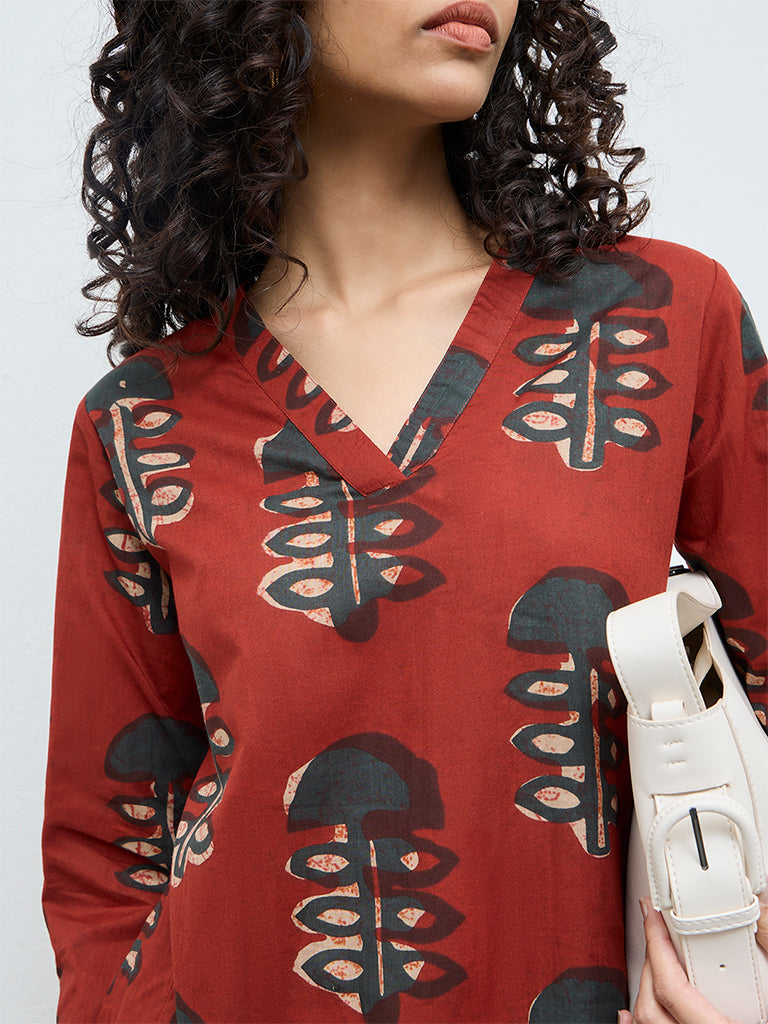 Utsa Rust Foliage Printed Cotton A-Line Kurta