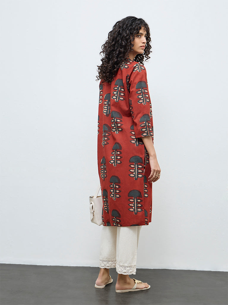 Utsa Rust Foliage Printed Cotton A-Line Kurta
