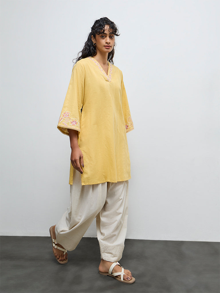 Utsa Yellow Floral Embroidered Cotton A-Line Kurta