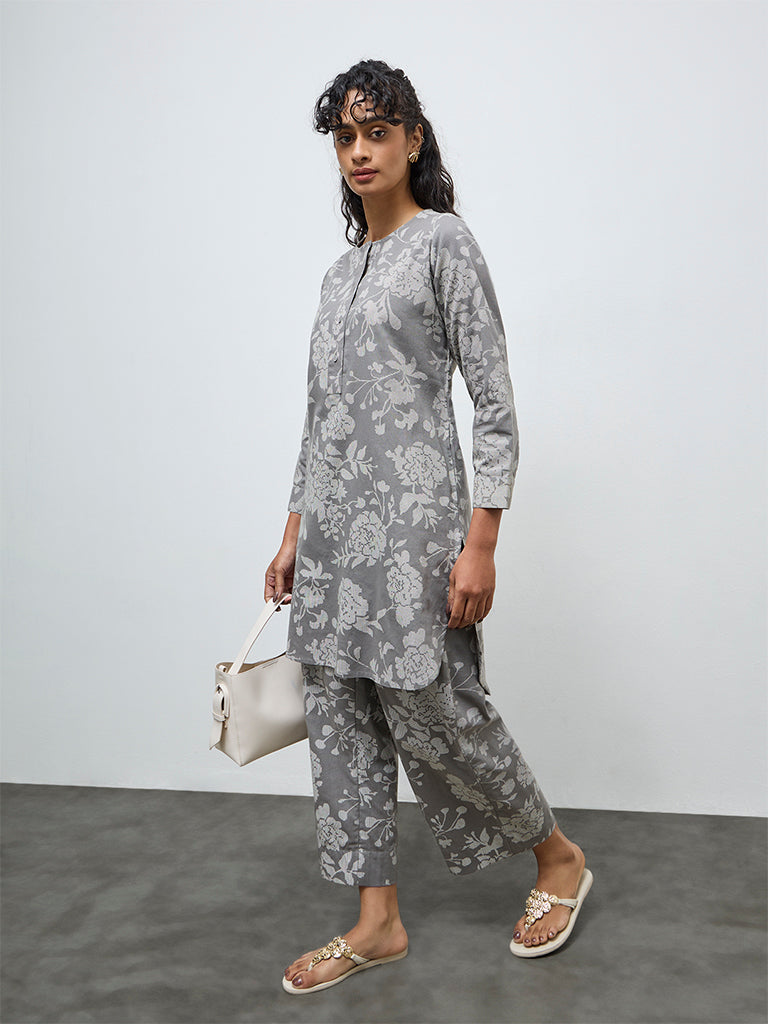 Utsa Grey Floral Cotton-Blend Pants