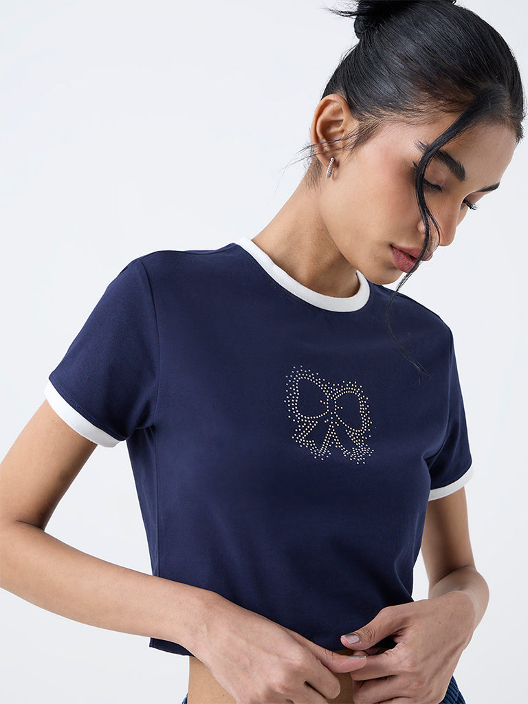 Nuon Navy Bow-Design Cotton-Blend T-Shirt