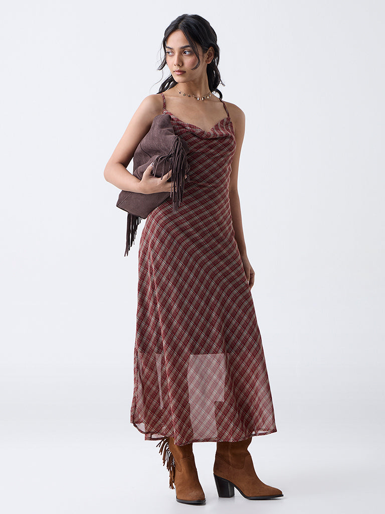 LOV Maroon Checks Cowl Neck A-Line Dress