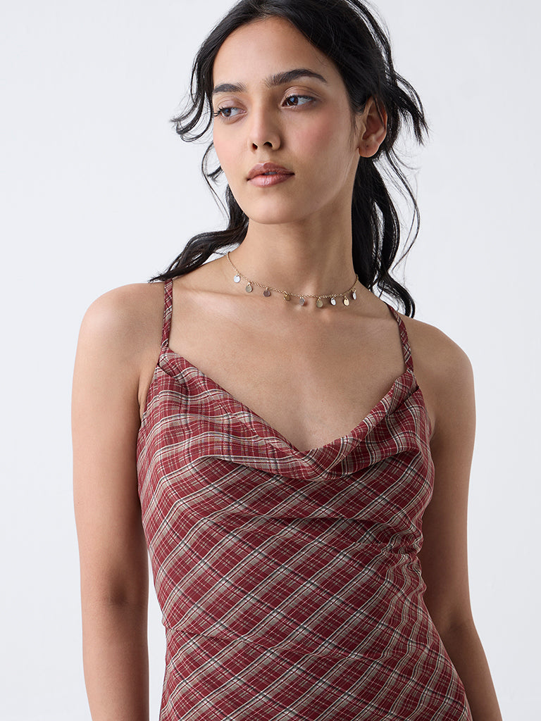 LOV Maroon Checks Cowl Neck A-Line Dress