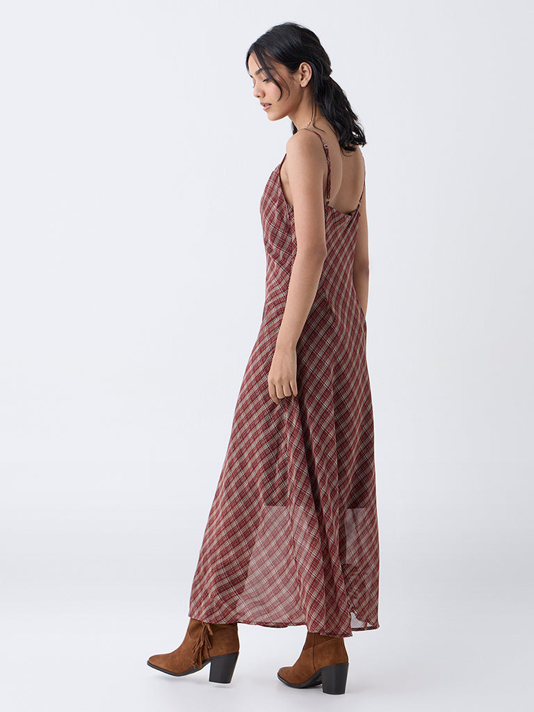 LOV Maroon Checks Cowl Neck A-Line Dress