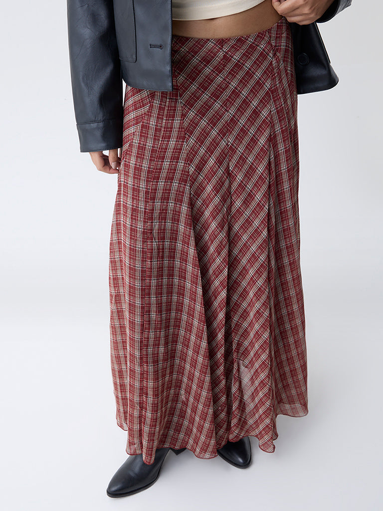 LOV Maroon Check Pattern High-Rise Skirt