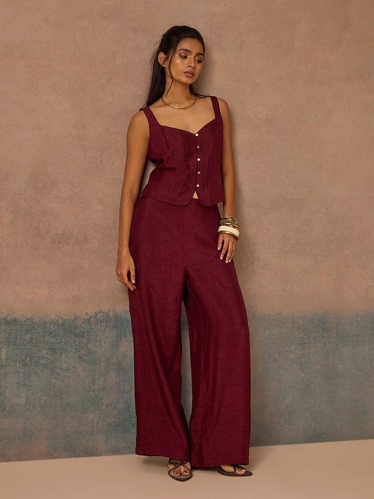 Samoh Wide-Leg Maroon Pants