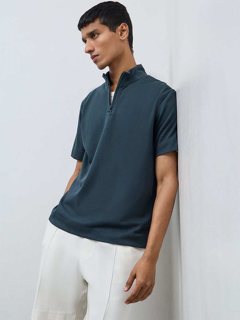 Studiofit Dark Teal Quarter-Zip Relaxed-Fit Cotton-Blend T-Shirt