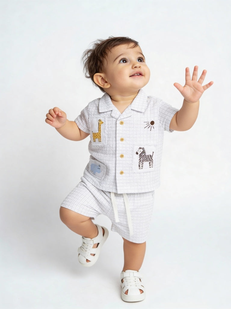 HOP Baby Boys White Checkered Cotton Shirt and Shorts Set
