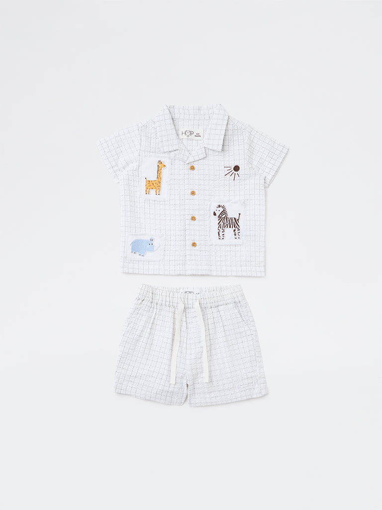 HOP Baby Boys White Checkered Cotton Shirt and Shorts Set