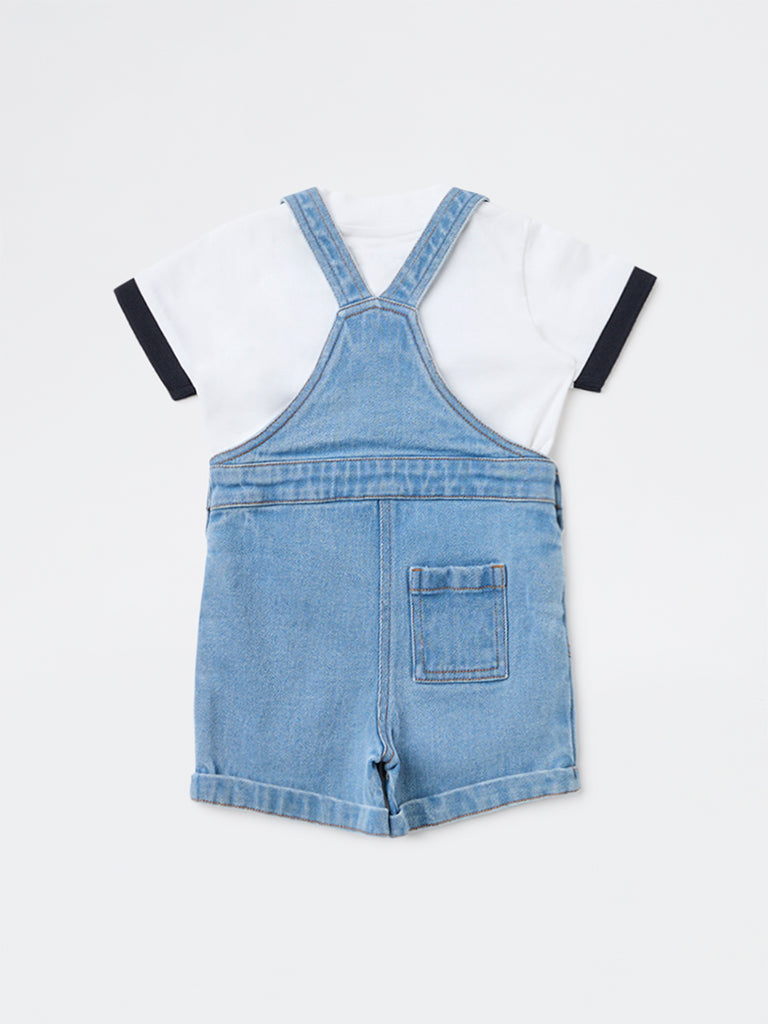 HOP Baby Boys Blue Embroidered T-Shirt and Denim Dungaree Set