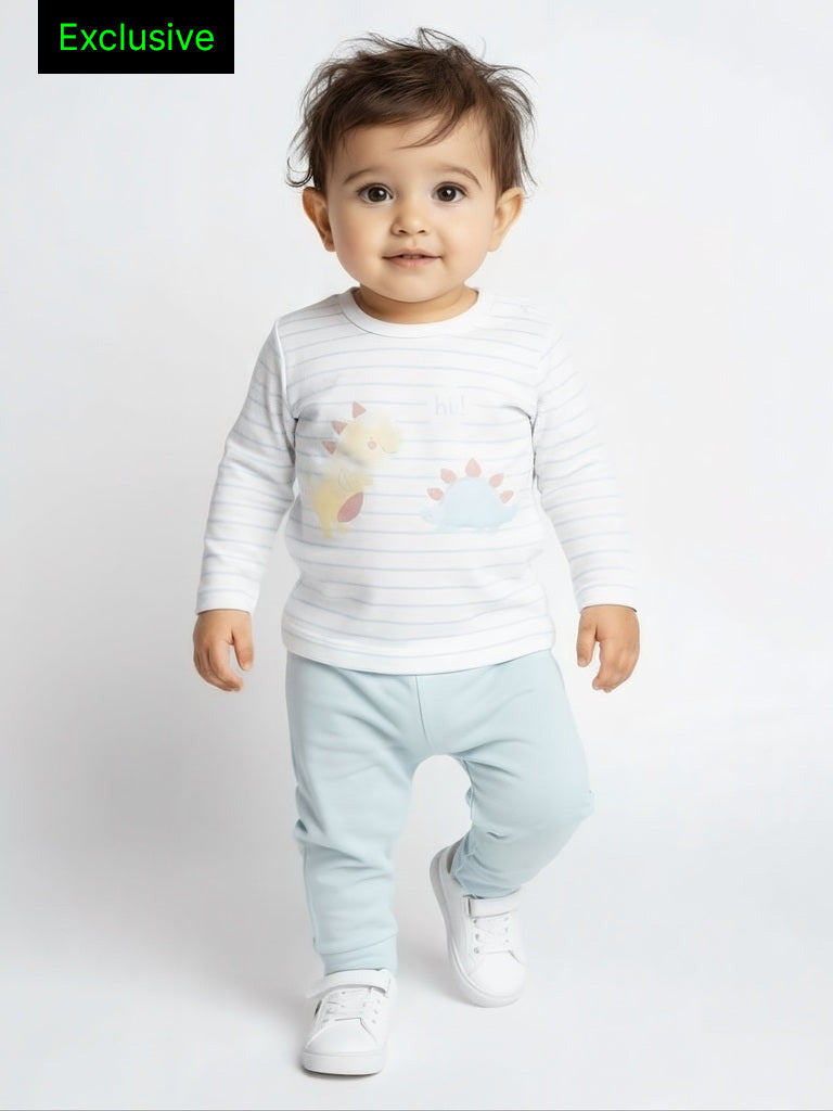 HOP Baby Boys Multicolour Dinosaur Printed Cotton T-Shirt and Pants Set - Exclusive