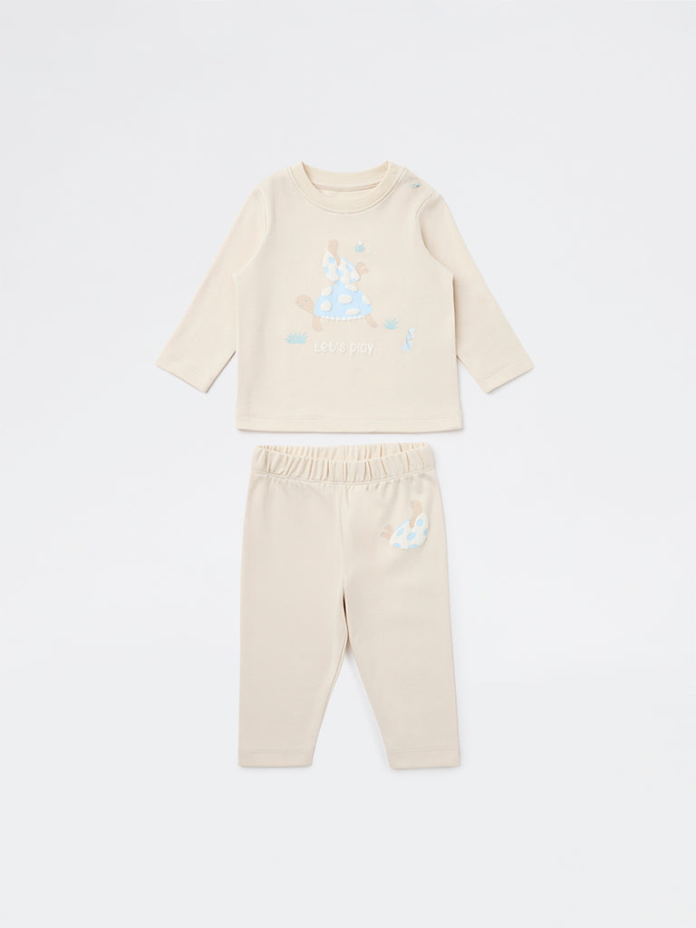 HOP Baby Boys Beige Printed Cotton T-Shirt and Pants Set