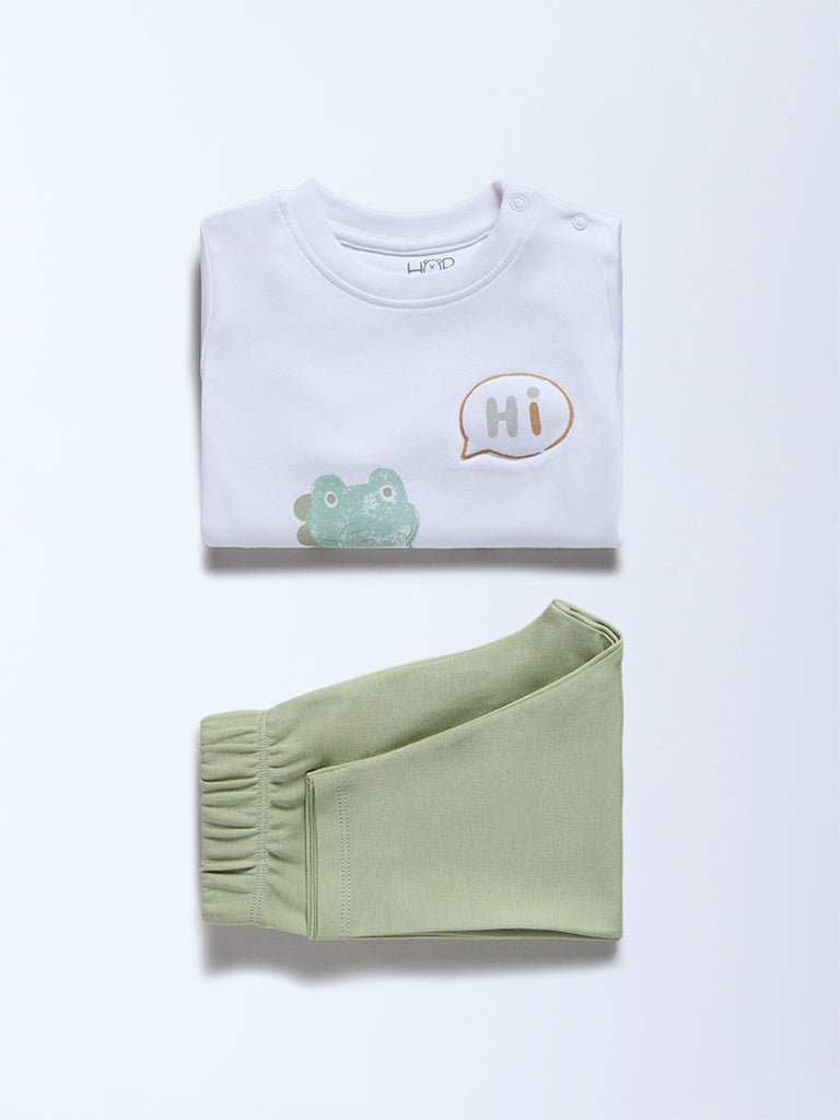 HOP Baby Boys Multicolour Dinosaur-Themed Cotton T-Shirt and Pants Set - Exclusive