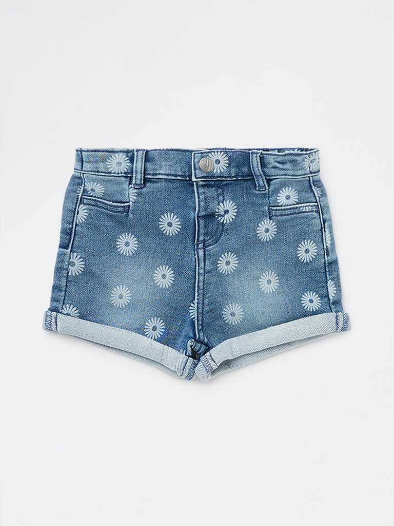 HOP Baby Girls Blue Floral High-Rise Denim Shorts