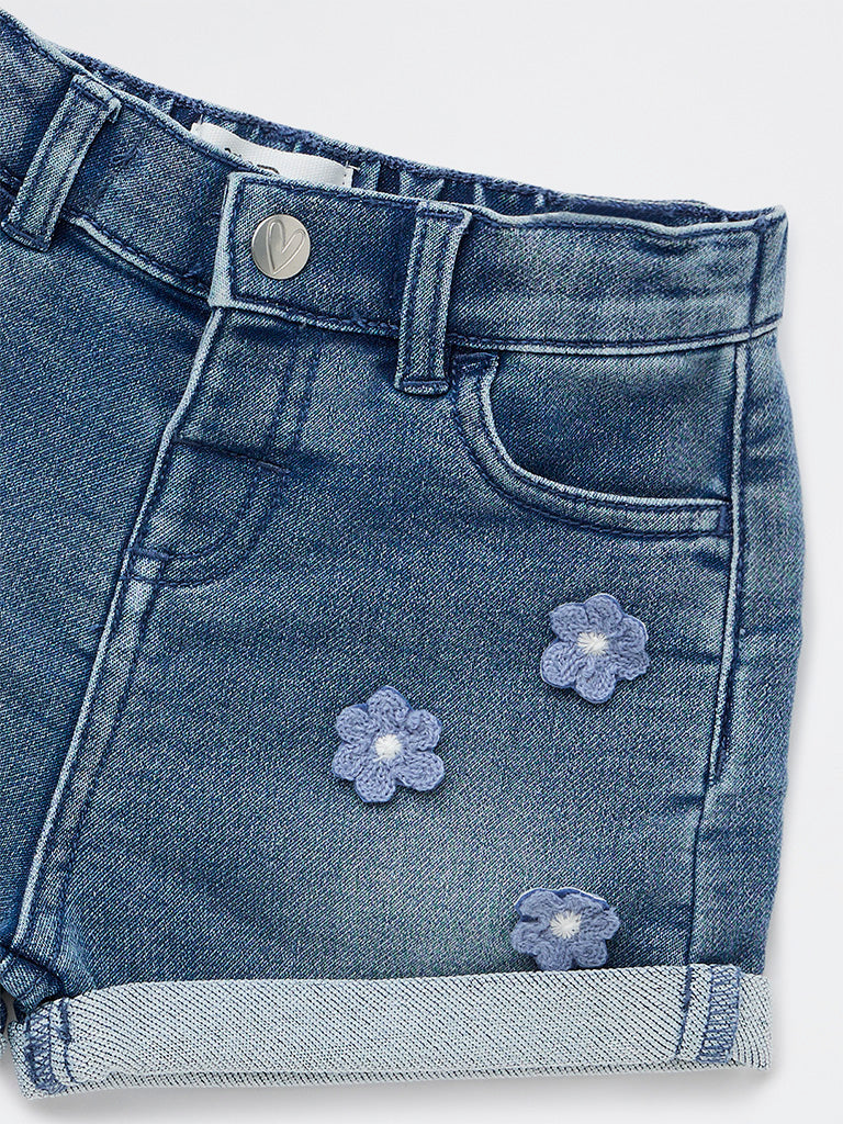 HOP Baby Girls Blue Floral Applique High-Rise Denim Shorts