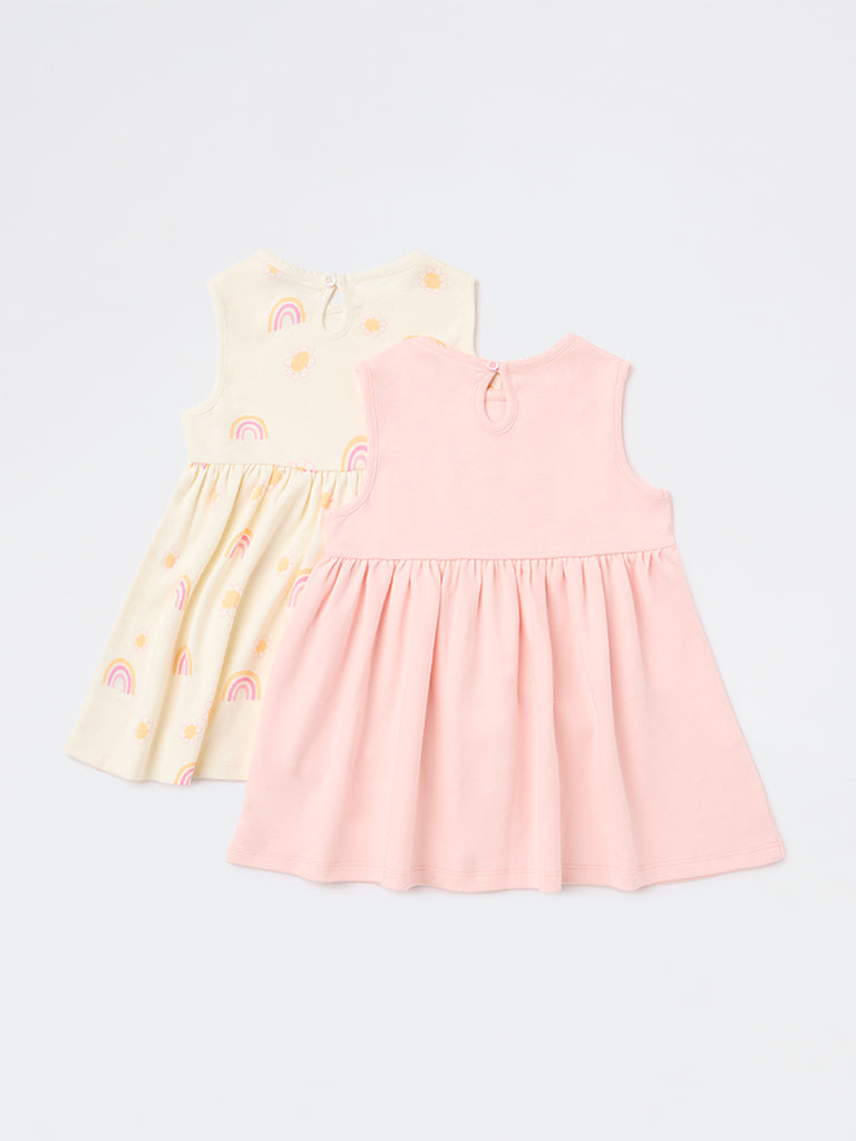 HOP Baby Girls Multicolour Rainbow Design A-Line Cotton Dress - Pack of 2