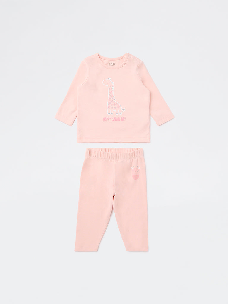 HOP Baby Girls Peach Animal Pattern Cotton T-Shirt and Pant Set