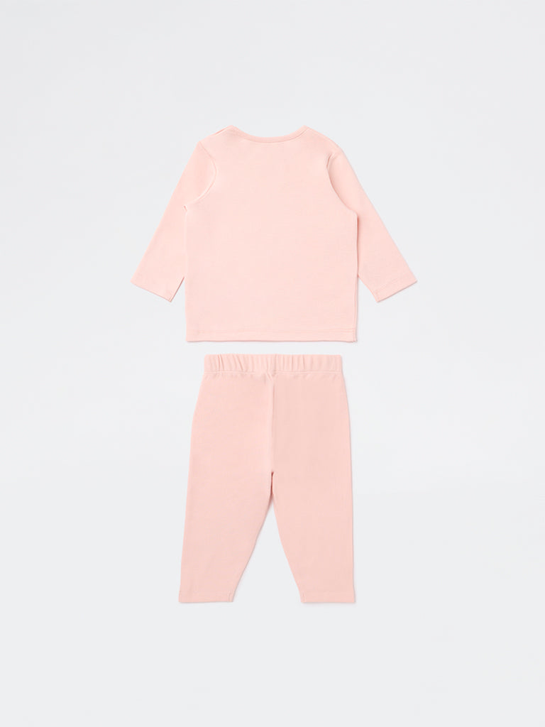 HOP Baby Girls Peach Animal Pattern Cotton T-Shirt and Pant Set