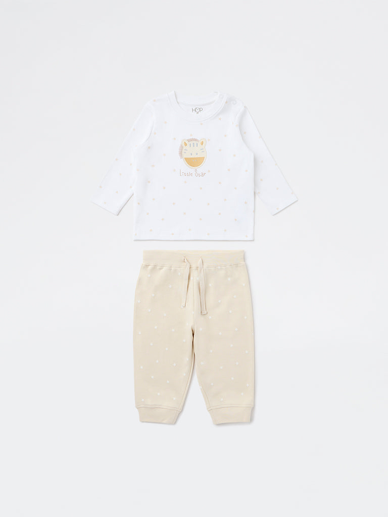HOP Baby Boys White Printed Cotton T-Shirt and Joggers Set