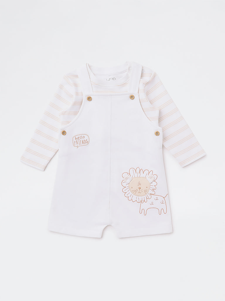 HOP Baby Girls White Embroidered Cotton Dungaree with Striped T-Shirt Set