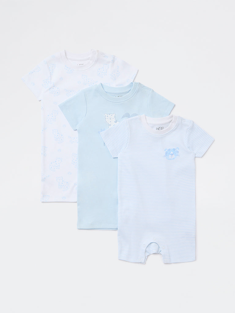 HOP Baby Boys Blue Animal Design Cotton Rompers - Pack of 3