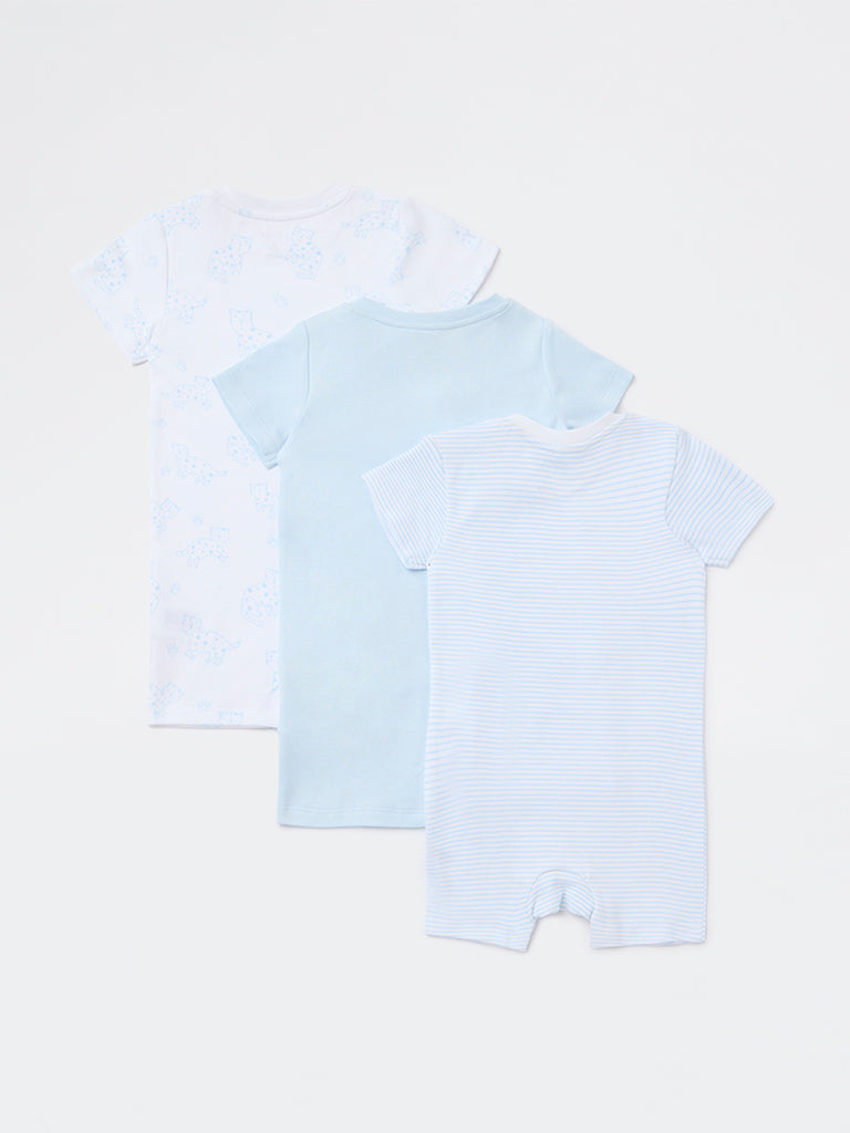 HOP Baby Boys Blue Animal Design Cotton Rompers - Pack of 3