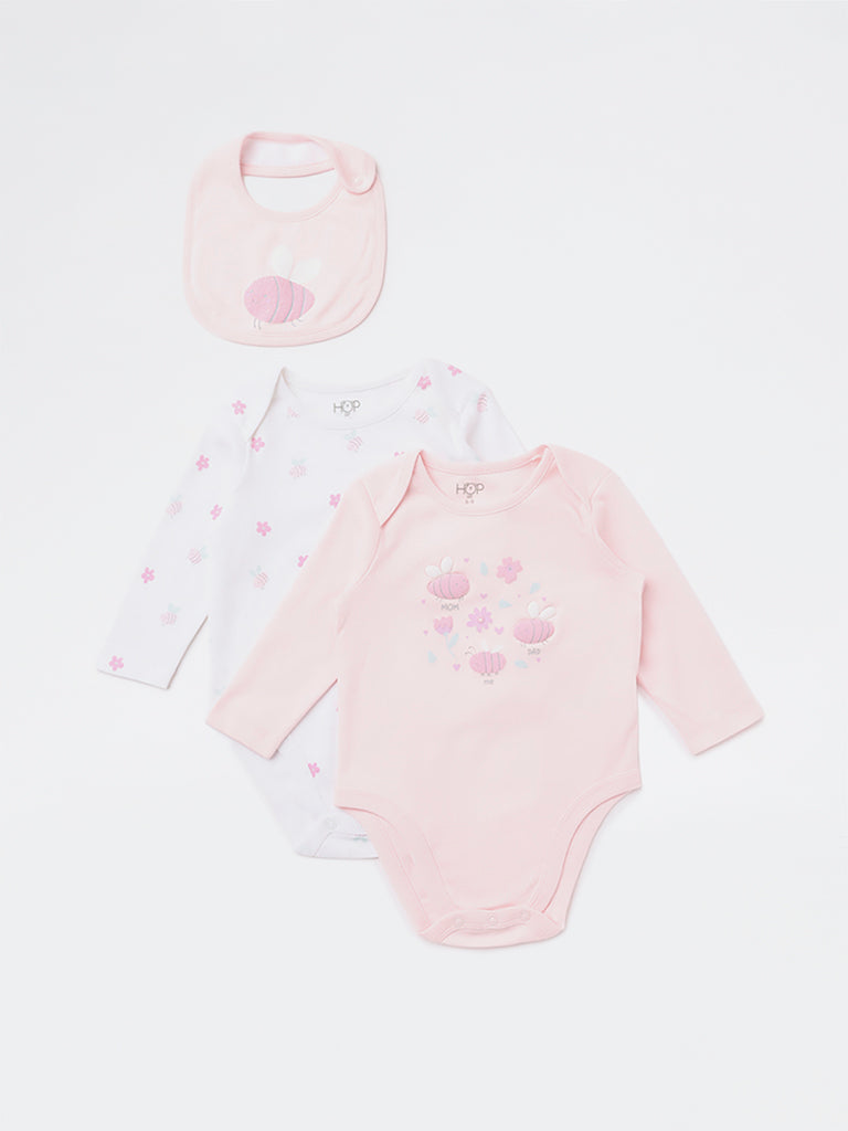 HOP Baby Girls Light Pink Bee Printed Cotton Romper and Bib Set
