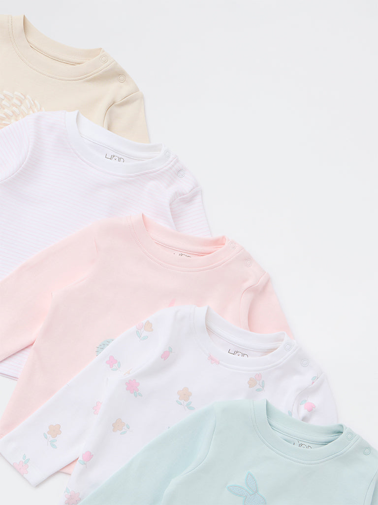 HOP Baby Girls Multicolour Printed Cotton T-Shirts - Pack of 5