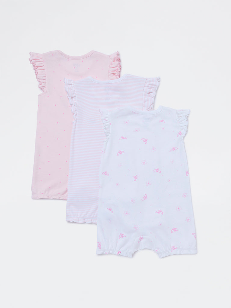 HOP Baby Girls Pink Printed Cotton Rompers - Pack of 3