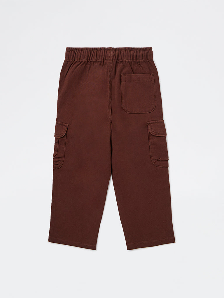 HOP Kids Boys Dark Brown Textured Mid-Rise Cotton-Blend Pants