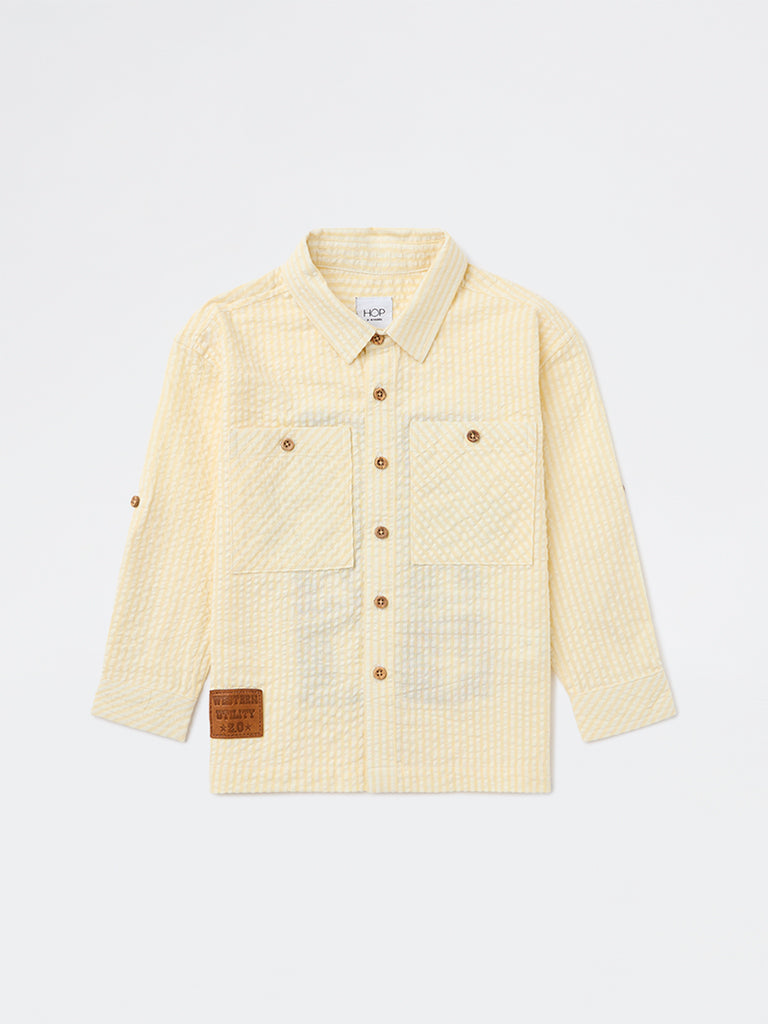 HOP Kids Boys Light Yellow Striped Textured Cotton Shirt